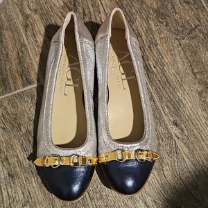 AGL Two-Tone Gold Metallic and Black Leather Ballet Flats
